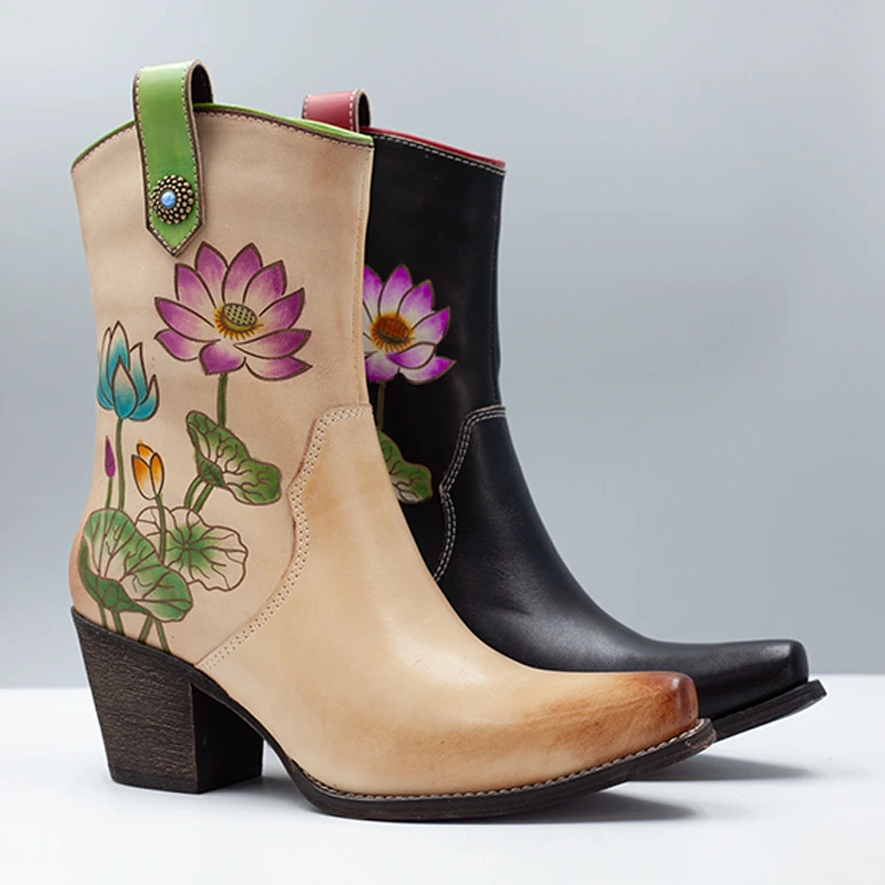Boots Lledr Toe pigfain wedi'u brodio gan Lotus